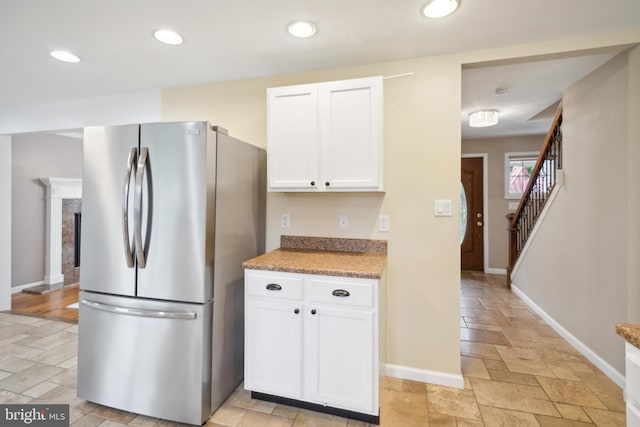 52 Marlborough Ave, Marlton, NJ 08053 - kitchen with freestanding refrigerator, white cabinetry, baseboards, light stone finish flooring, and recessed lighting