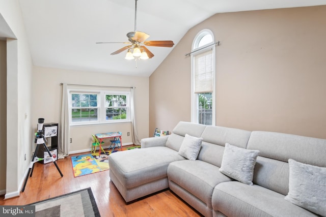 52 Marlborough Ave, Marlton, NJ 08053 - living area with vaulted ceiling, plenty of natural light, light wood-style flooring, ceiling fan, and baseboards