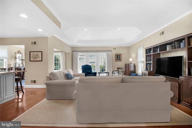 1 Hedge Row Rd, Princeton, NJ 08540 - living room with wood finished floors, recessed lighting, ornamental molding, and a tray ceiling