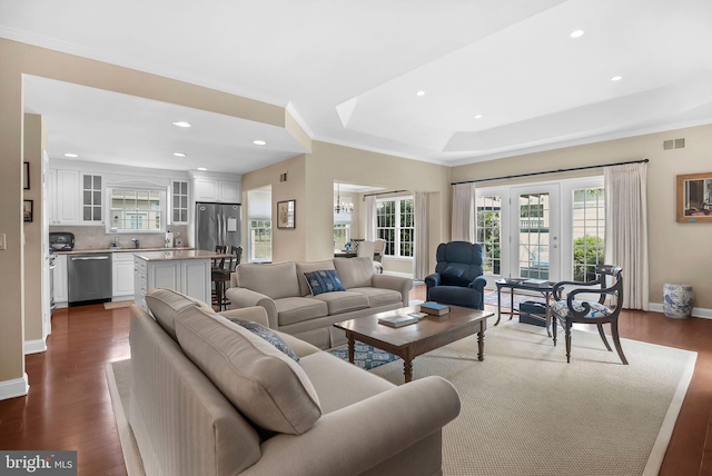 1 Hedge Row Rd, Princeton, NJ 08540 - living area with dark wood-style floors, crown molding, recessed lighting, and a tray ceiling