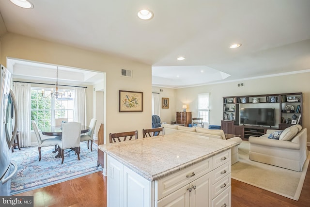 1 Hedge Row Rd, Princeton, NJ 08540 - kitchen featuring wood finished floors, a chandelier, plenty of natural light, a raised ceiling, and recessed lighting