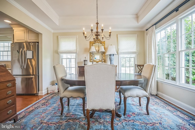 1 Hedge Row Rd, Princeton, NJ 08540 - dining area featuring a chandelier, a tray ceiling, wood finished floors, and ornamental molding