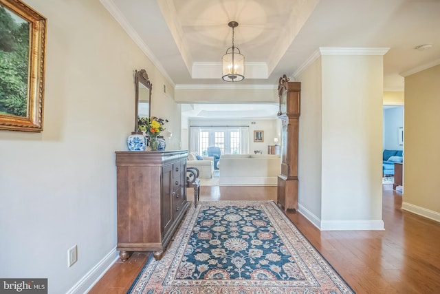1 Hedge Row Rd, Princeton, NJ 08540 - entrance foyer featuring wood finished floors, crown molding, a raised ceiling, and a chandelier