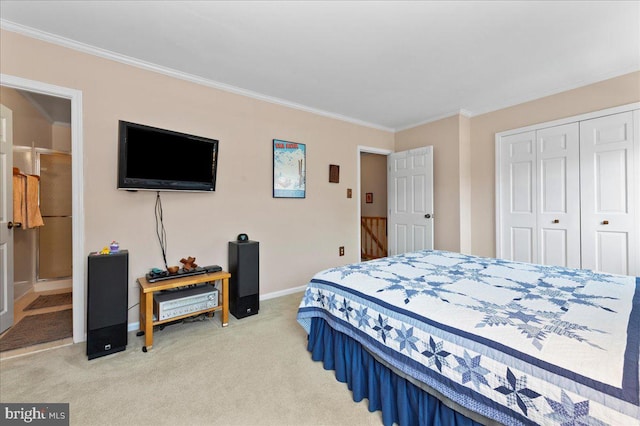14 Providence Ave, Doylestown, PA 18901 - bedroom featuring crown molding, light carpet, a closet, baseboards, and ensuite bath
