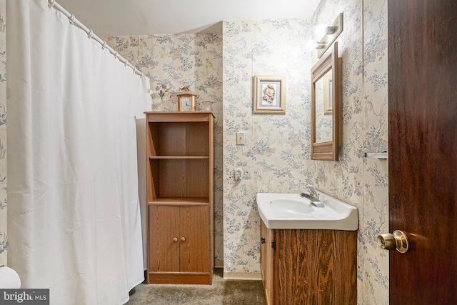 1103 Laurel Rd, Edgewater Park, NJ 08010 - full bath featuring wallpapered walls, vanity, and a shower with shower curtain