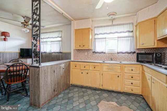 1103 Laurel Rd, Edgewater Park, NJ 08010 - kitchen with light brown cabinets, black microwave, a ceiling fan, a sink, and wainscoting