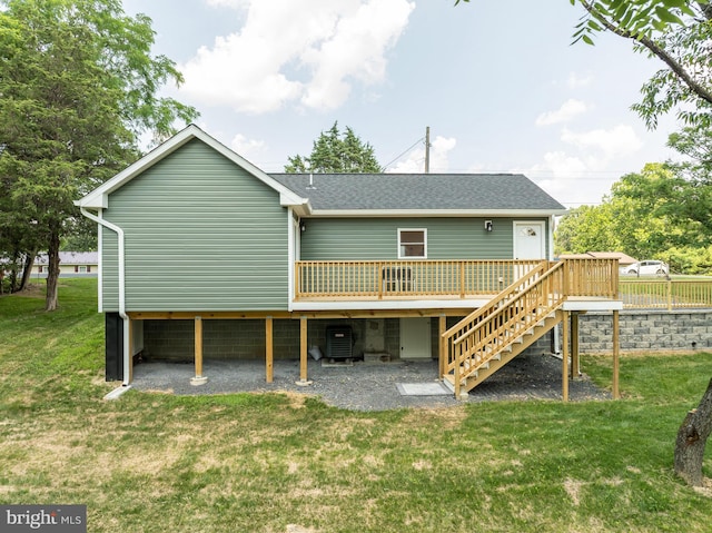2968 Sulphur Springs Rd, Inwood, WV 25428 - rear view of house featuring a wooden deck, a yard, stairs, and roof with shingles