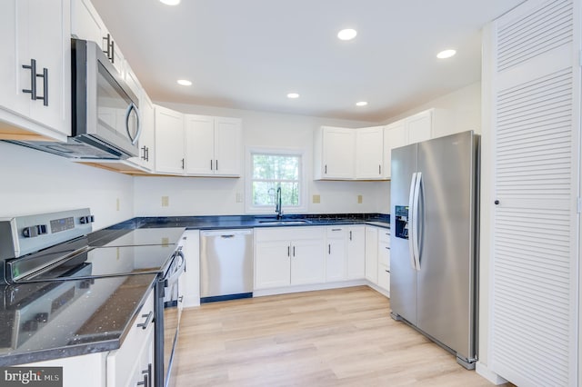 2968 Sulphur Springs Rd, Inwood, WV 25428 - kitchen featuring appliances with stainless steel finishes, white cabinets, dark stone countertops, light wood-style flooring, and recessed lighting