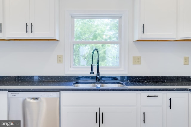 2968 Sulphur Springs Rd, Inwood, WV 25428 - kitchen featuring stainless steel dishwasher, white cabinetry, and dark stone countertops