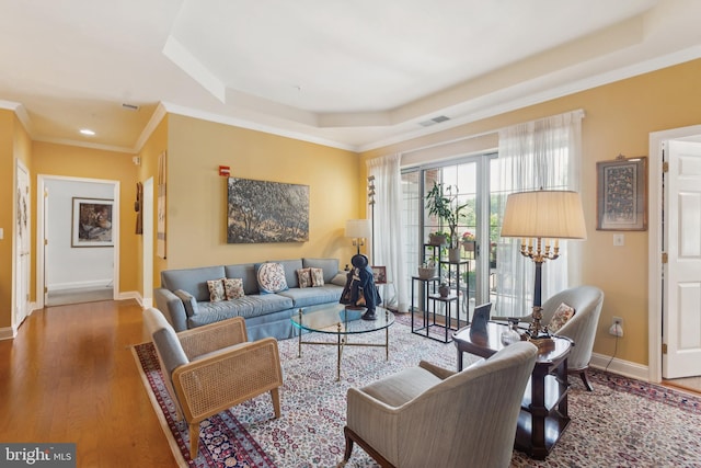 2118 Windrow Dr, Princeton, NJ 08540 - living room with a raised ceiling, baseboards, wood finished floors, ornamental molding, and recessed lighting