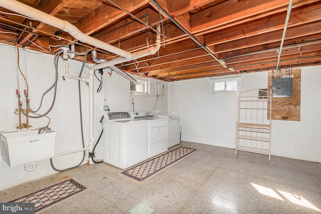 1513 Chapel Hill Dr, Baltimore, MD 21237 - basement featuring electric panel, washer and dryer, a sink, and light floors