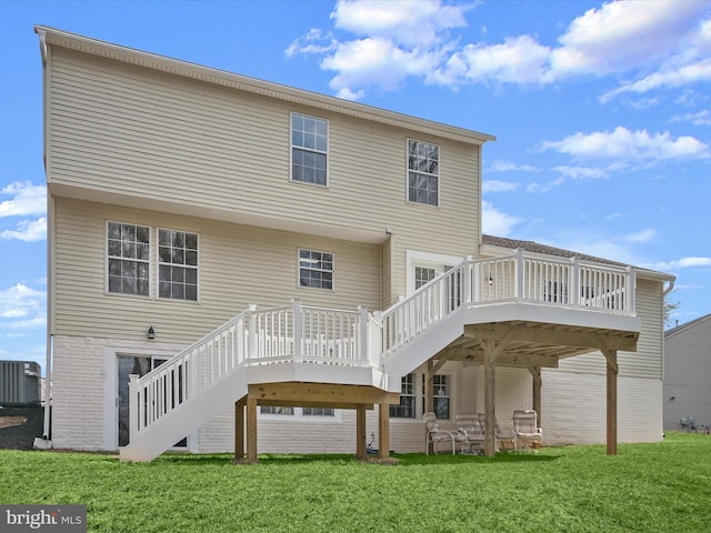 4300 Cullowhee Ct, Clinton, MD 20735 - rear view of property with stairway, a lawn, a wooden deck, and central AC