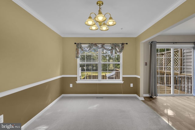 11476 Leland Pl, Waldorf, MD 20601 - unfurnished dining area featuring a chandelier, baseboards, crown molding, and carpet