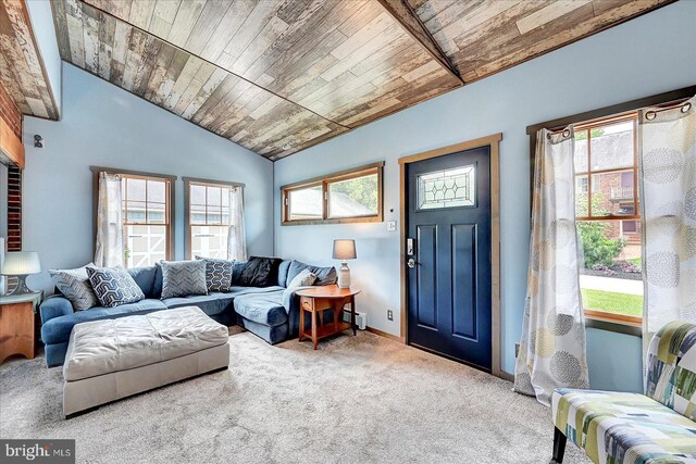 29 S Rockburn St, York, PA 17402 - carpeted living area featuring vaulted ceiling, wooden ceiling, and baseboards