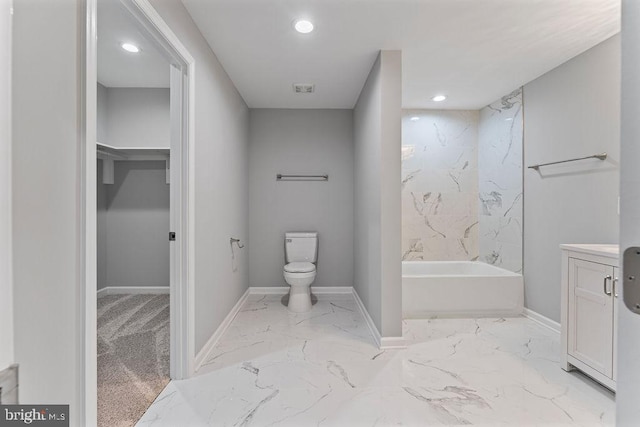 417 Overlook Dr, Front Royal, VA 22630 - bathroom featuring marble look tile flooring, toilet, vanity, recessed lighting, and tub / shower combination