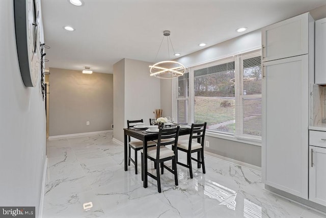 417 Overlook Dr, Front Royal, VA 22630 - dining room with baseboards, light marble finish flooring, a chandelier, and recessed lighting