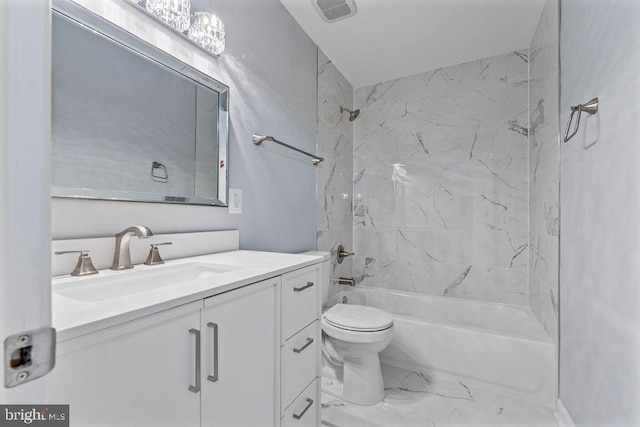 417 Overlook Dr, Front Royal, VA 22630 - bathroom with vanity, bathtub / shower combination, toilet, and marble look tile flooring