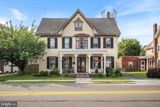 19 W Ave, Woodstown, NJ 08098 - view of front facade featuring covered porch, a chimney, roof with shingles, and brick siding