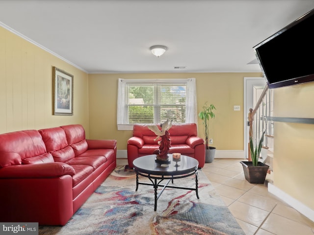 4807 Kempair Ct, Woodbridge, VA 22193 - tiled living room with baseboards, crown molding, and stairs