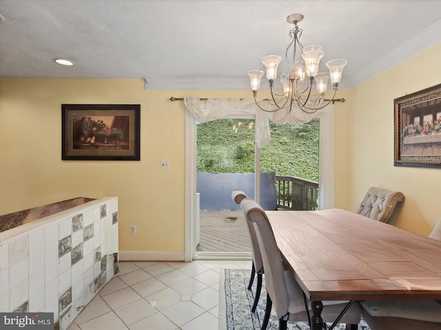 4807 Kempair Ct, Woodbridge, VA 22193 - dining area featuring a chandelier, ornamental molding, light tile patterned floors, and baseboards