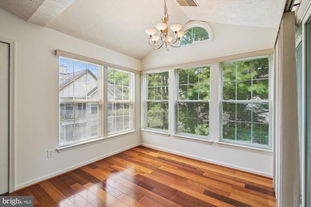 9763 Reese Farm Rd Unit 9763, Owings Mills, MD 21117 - unfurnished sunroom with a chandelier, lofted ceiling, hardwood / wood-style floors, and baseboards