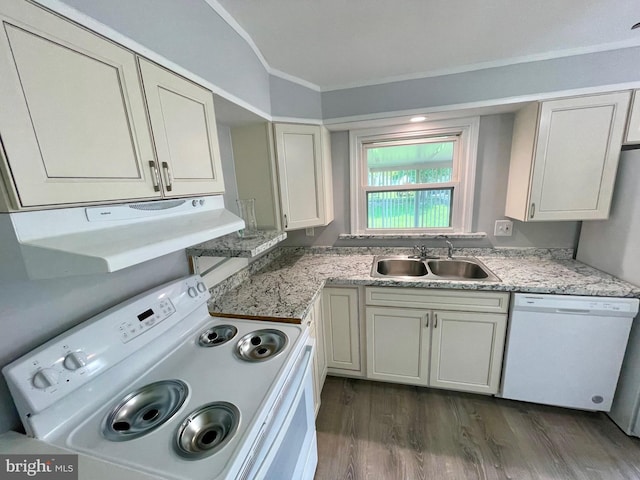 647 Elm St, Aberdeen, MD 21001 - kitchen featuring white appliances, extractor fan, dark wood-style flooring, and ornamental molding