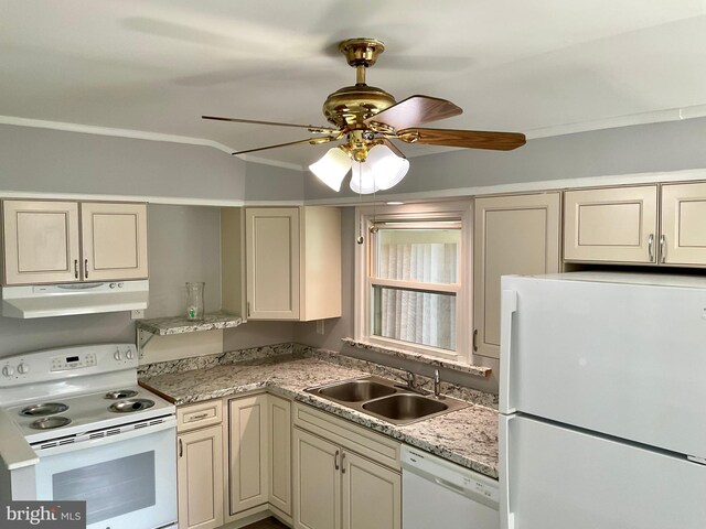 647 Elm St, Aberdeen, MD 21001 - kitchen featuring white appliances, under cabinet range hood, a ceiling fan, light countertops, and cream cabinetry