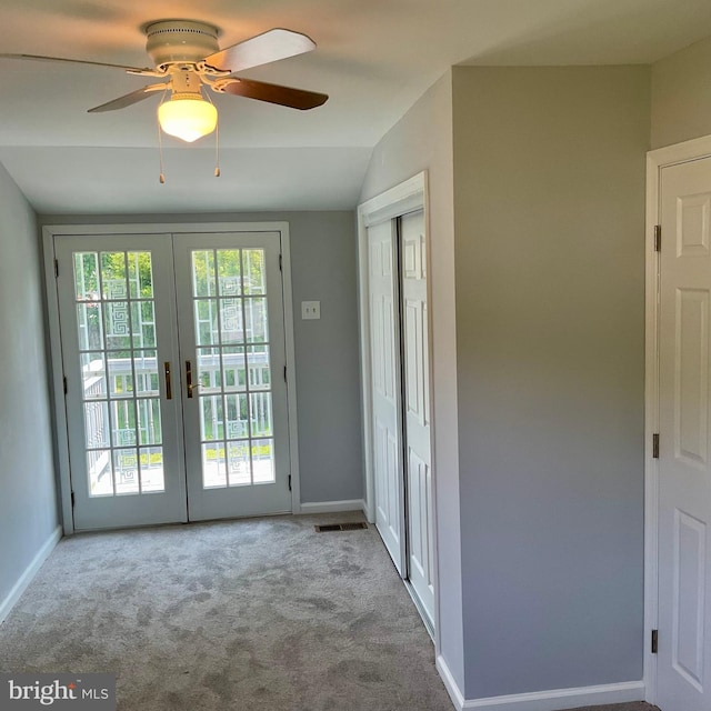 647 Elm St, Aberdeen, MD 21001 - entryway featuring french doors, vaulted ceiling, carpet floors, and ceiling fan