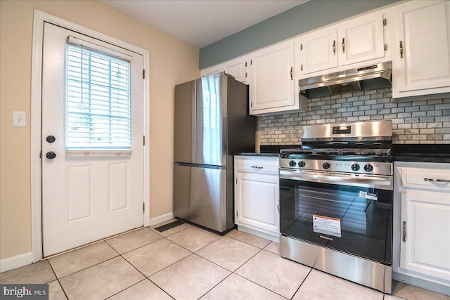 113 Wilgate Rd, Owings Mills, MD 21117 - kitchen with appliances with stainless steel finishes, under cabinet range hood, decorative backsplash, white cabinets, and baseboards