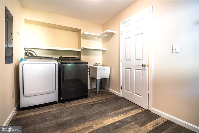 113 Wilgate Rd, Owings Mills, MD 21117 - laundry room with washer and clothes dryer, dark wood-style floors, and baseboards