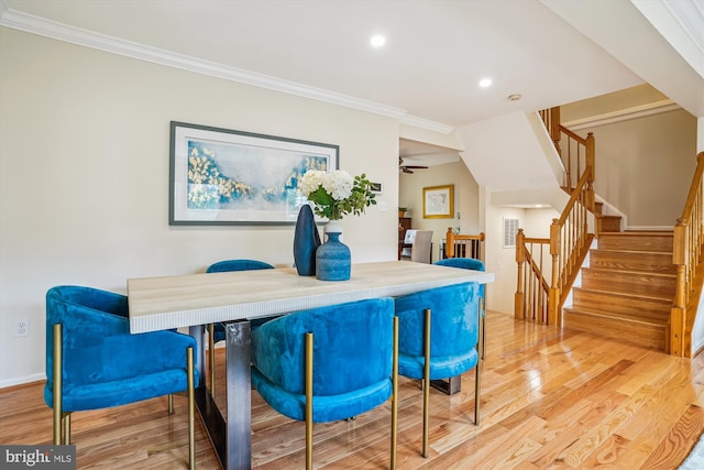 7484 Gadsby Sq, Alexandria, VA 22315 - dining area with light wood-type flooring, ornamental molding, ceiling fan, stairs, and recessed lighting