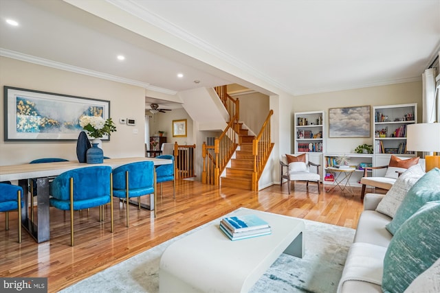 7484 Gadsby Sq, Alexandria, VA 22315 - living area with wood finished floors, ornamental molding, stairway, recessed lighting, and a ceiling fan