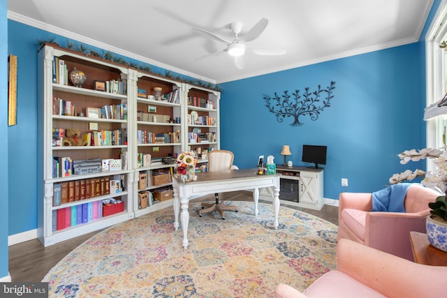 338 Ireland Dr, Fredericksburg, VA 22406 - office area with a ceiling fan, wood finished floors, and crown molding