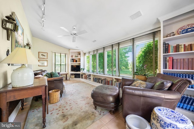 1033 Lenape Rd, West Chester, PA 19382 - living room featuring tile patterned floors, lofted ceiling, a ceiling fan, and rail lighting