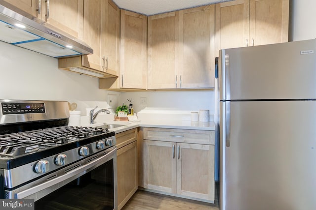 1225 Martha Custis Dr Unit 904, Alexandria, VA 22302 - kitchen featuring appliances with stainless steel finishes, under cabinet range hood, a sink, light countertops, and light brown cabinets