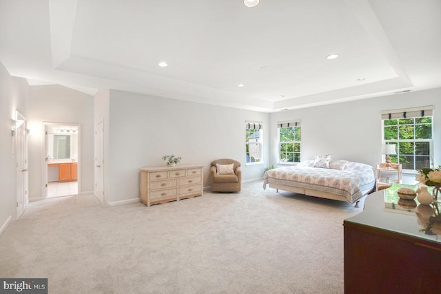 18525 Rushbrooke Dr, Olney, MD 20832 - bedroom with a raised ceiling, multiple windows, light carpet, recessed lighting, and baseboards