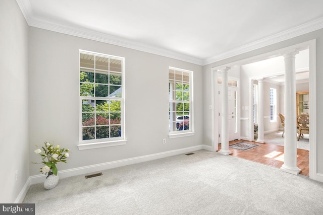 18525 Rushbrooke Dr, Olney, MD 20832 - empty room featuring decorative columns, carpet floors, plenty of natural light, and crown molding