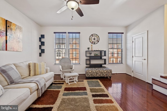 22864 Chestnut Oak Ter, Sterling, VA 20166 - living area with wood-type flooring, healthy amount of natural light, a ceiling fan, and baseboards
