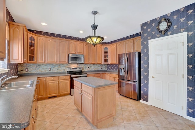 1215 Oakwood Ln, York, PA 17403 - kitchen with stainless steel appliances, a sink, light tile patterned floors, light brown cabinets, and recessed lighting