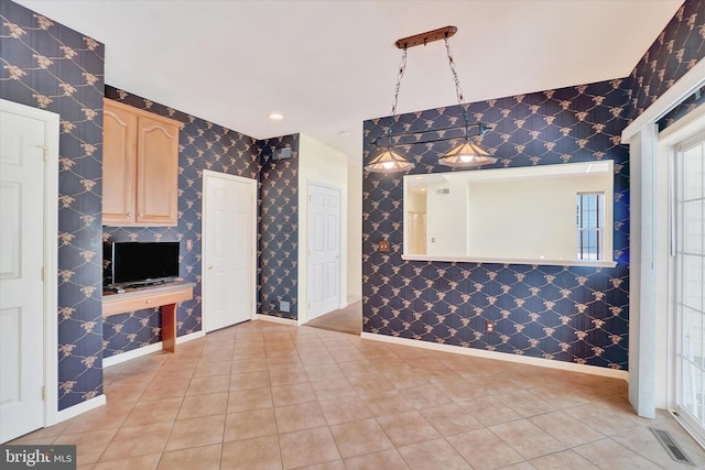 1215 Oakwood Ln, York, PA 17403 - unfurnished living room featuring baseboards, light tile patterned flooring, and wallpapered walls