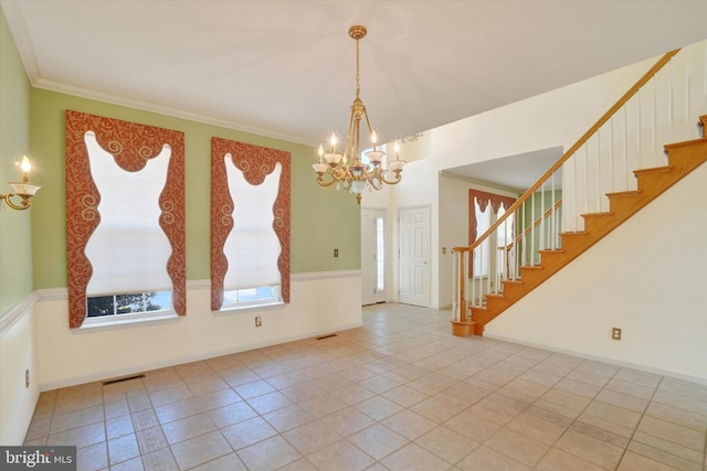 1215 Oakwood Ln, York, PA 17403 - tiled empty room with a chandelier, stairs, ornamental molding, and baseboards
