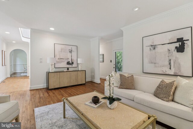 3233 Ellicott St NW, Washington, DC 20008 - living area with arched walkways, crown molding, light wood finished floors, baseboards, and recessed lighting