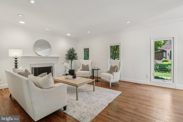 3233 Ellicott St NW, Washington, DC 20008 - living room with healthy amount of natural light, ornamental molding, wood finished floors, a fireplace, and baseboards