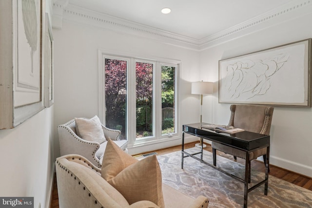 3233 Ellicott St NW, Washington, DC 20008 - home office featuring ornamental molding, wood finished floors, baseboards, and recessed lighting
