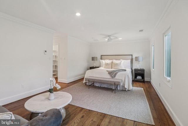 3233 Ellicott St NW, Washington, DC 20008 - bedroom featuring wood finished floors, crown molding, baseboards, ceiling fan, and recessed lighting