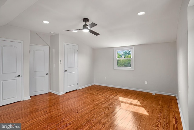 3316 Fairview Rd, Baltimore, MD 21207 - unfurnished bedroom with wood finished floors, lofted ceiling, baseboards, recessed lighting, and a ceiling fan