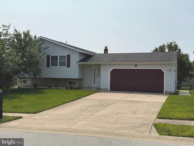 2 Renai Ct, Newark, DE 19702 - tri-level home featuring a garage, a front lawn, driveway, and a chimney