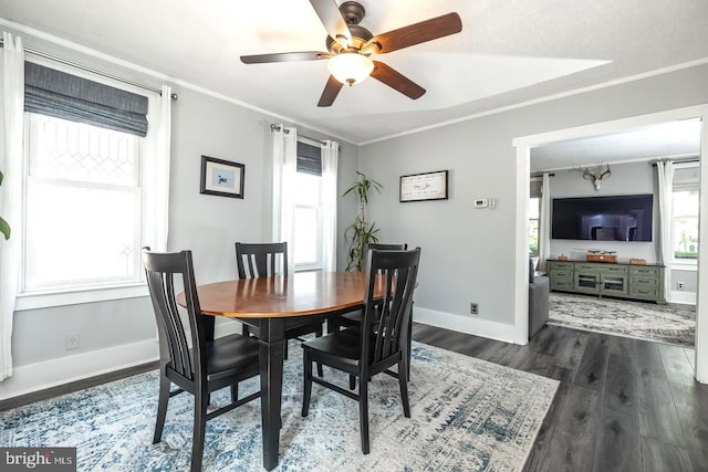 218 New Jersey Ave, Collingswood, NJ 08108 - dining area with a ceiling fan, dark wood-style flooring, baseboards, and crown molding
