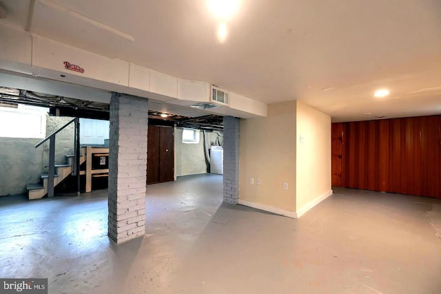 218 New Jersey Ave, Collingswood, NJ 08108 - basement featuring stairway, plenty of natural light, and wood walls