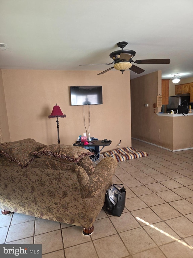 1401 Britton Pl, Voorhees, NJ 08043 - living room with light tile patterned flooring and ceiling fan